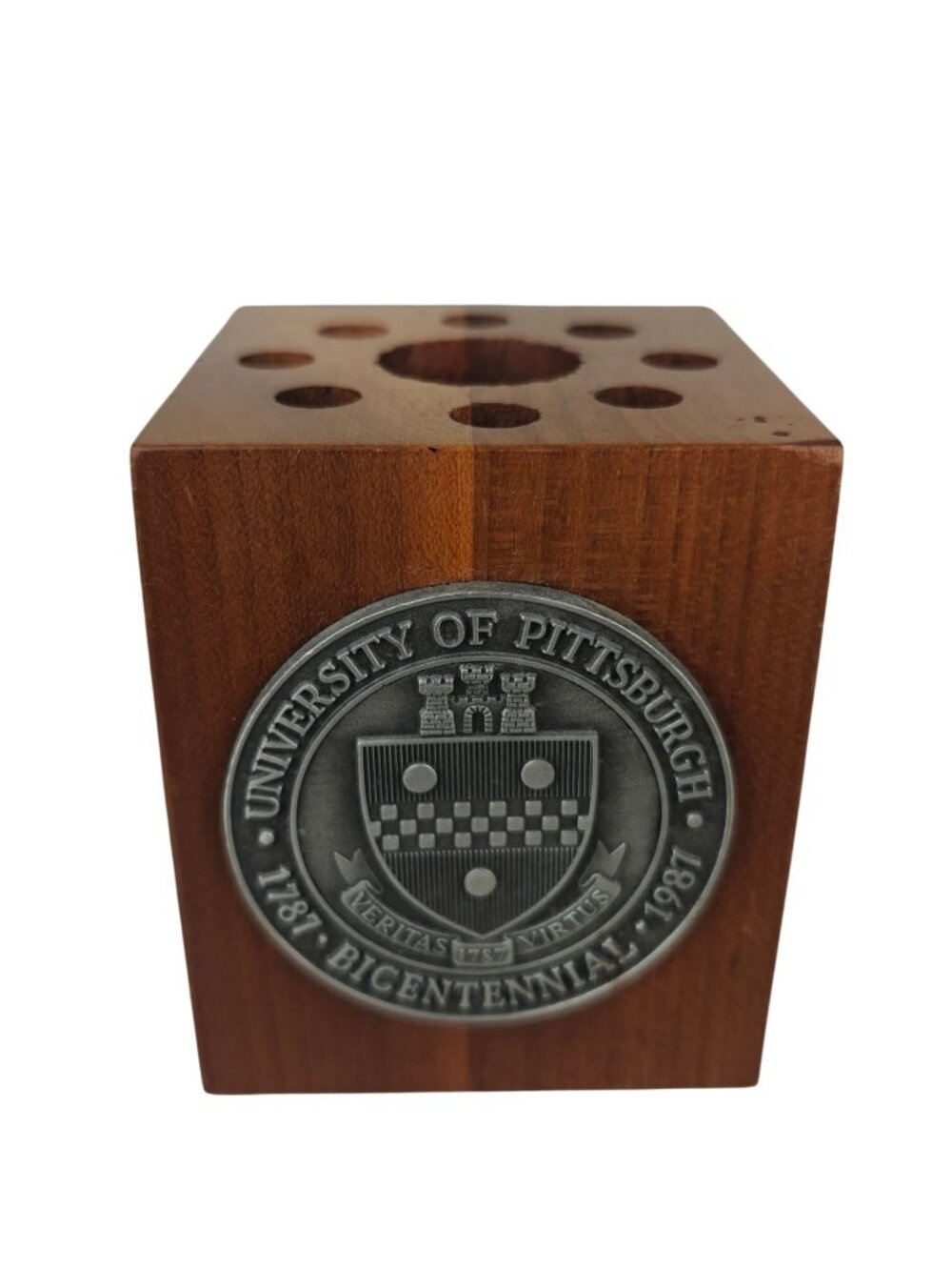 Vintage Pencil Holder University Of Pittsburgh Bicentennial 1787-1987 Walnut